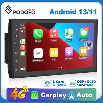 Podofo 차량용 멀티미디어 플레이어, 폭스바겐, 닛산, 현대, 도요타용, 범용 카플레이, 8G, 256G, GPS, 2 딘, 안드로이드 11, 7 인치