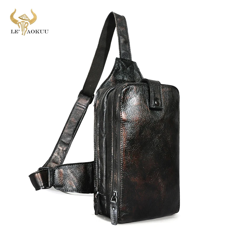 

Hot Sale Men Thick Cow Leather Coffee Retro Chest Sling Bag 8" Tablet Design Travel One Shoulder Crossbody Bag Male 6216