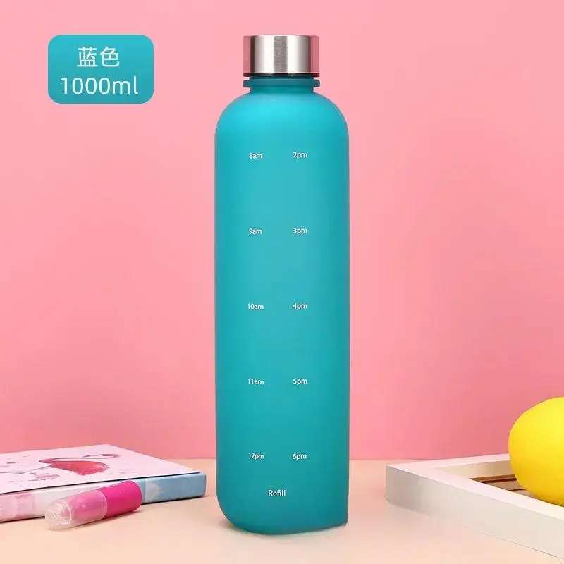 1L Frosted Leakproof Water Bottle with Time Markers - BPA-Free, Reusable Fitness & Travel Companion