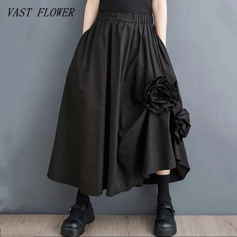 

black cotton vintage Elastic high waist spring summer autumn casual loose long for woman skirts womens 2023 skirt clothing
