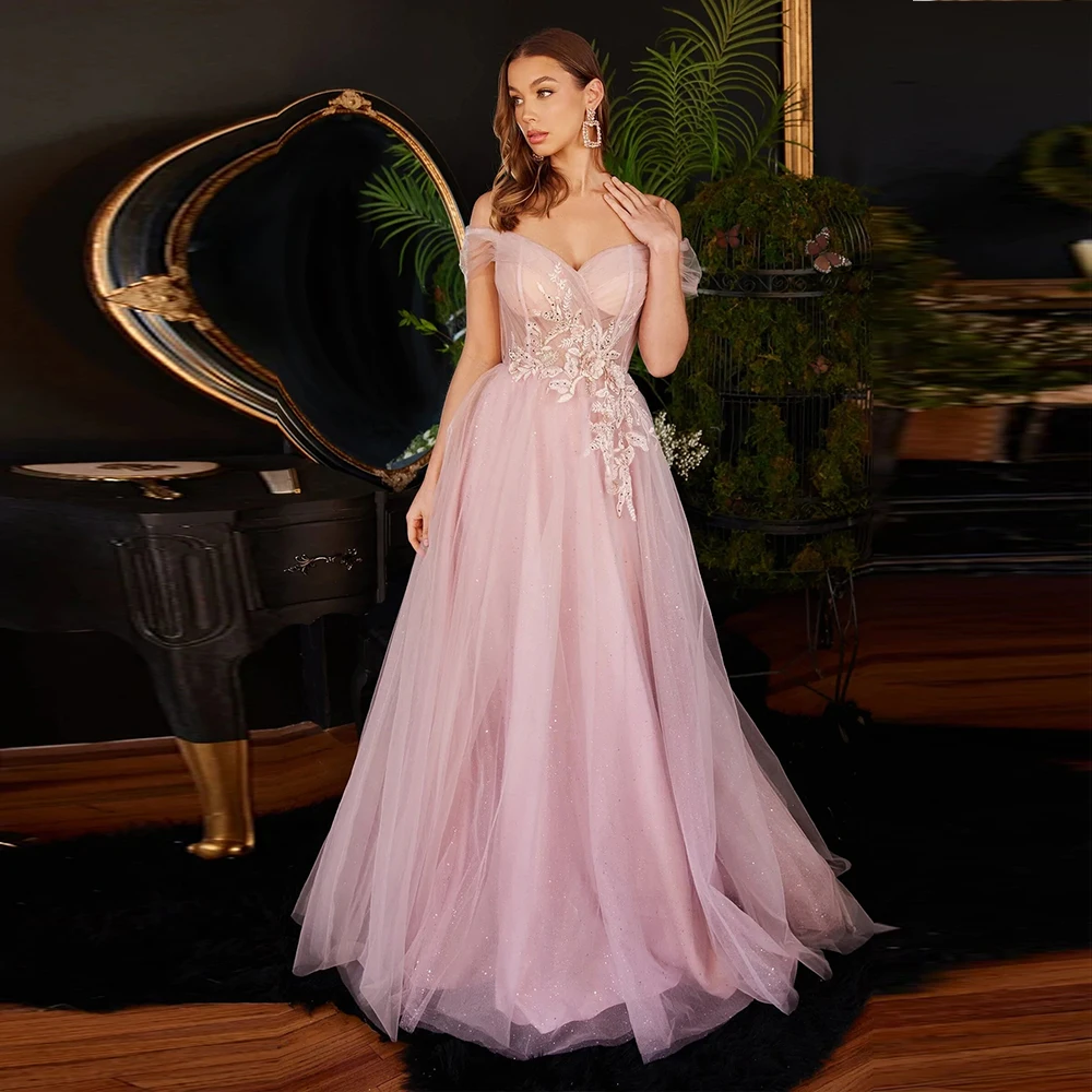 

Off Shoulder Wedding Prom Dress For Woman Sleevless Applique Corset Floor Length Evening Party Gown Vestido De Fiesta A Line