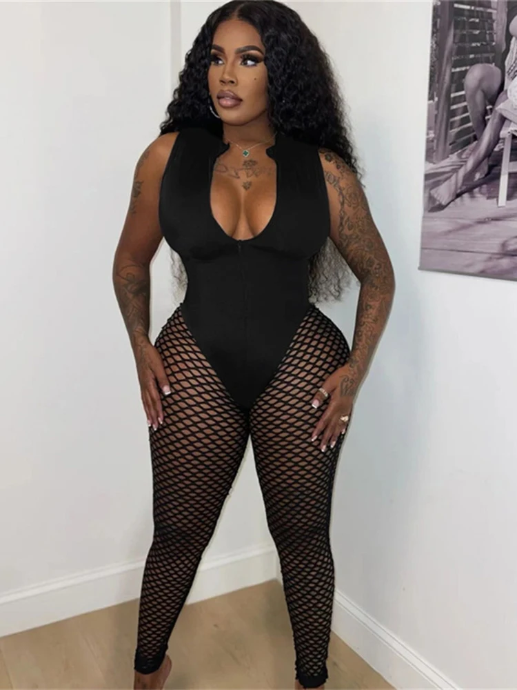 

Sibybo Mesh Sleeveless Jumpsuit Women 2023 Fishnet Hollow Black Playsuit Ladies V Neck Slim Street Yoga Bodycon Damen Jumpsuits