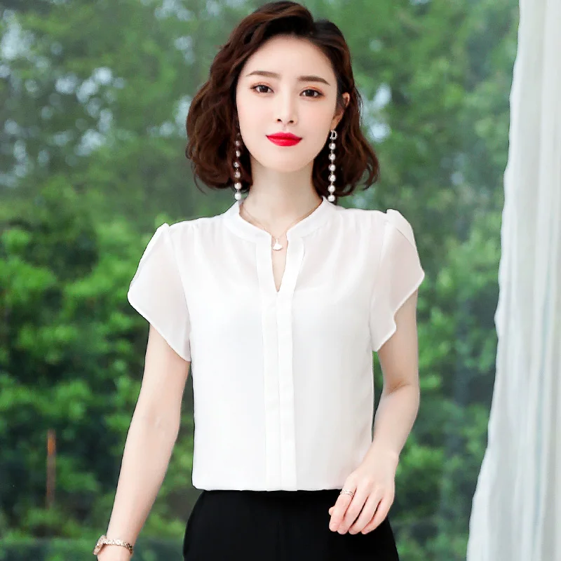 New Women'S Summer Loose Comfortable Temperament Lotus Leaf Sleeves V-Neck Chiffon Shirt Women'S Fashion Versatile Pullover Top