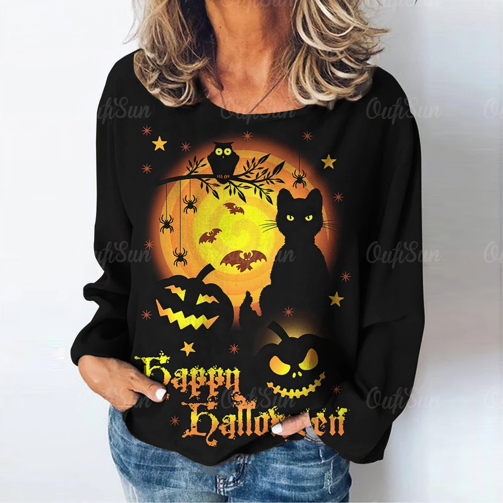 

Horror Halloween Cotton T-shirt For Women Kitten Print Long Sleeve Autumn O Neck Sweatshirt Top Female Oversized Streetwear Tees
