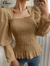 

Celmia Square Collar Pleated Tunic Tops Long Puff Sleeve Fashion Elegant Women Blouses Vintage Ruffled Hem Solid Color Blusas