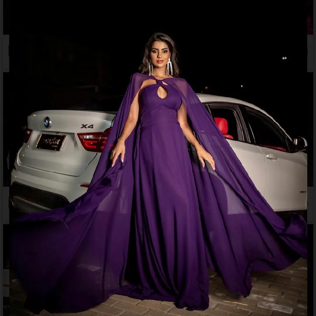 

Elegant Long Purple Prom Dresses With Cape A-Line Chiffon Floor Length Pleated Formal Evening Dresses for Women