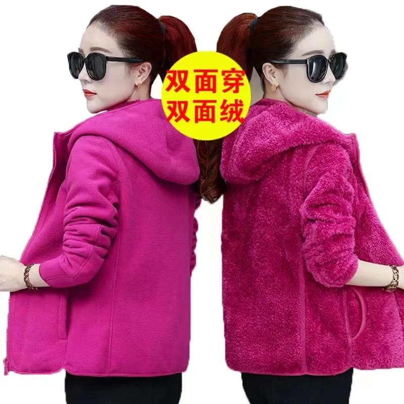 autumn new women s fashion european and american casual versatile zipper double sided cotton clothing Warm Fleece Double-sided Wear Jacket Autumn Winter Women Clothing Zipper Sportswear Hooded Outerwear Long Sleeve Sweatshirt