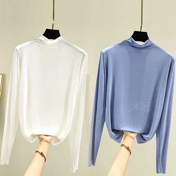 여성용 긴 소매 보터밍 셔츠 하프 하이 칼라 자외선 차단 통기성 셔츠 이너 화이트 티셔츠 탑 모달 아이스 실크 얇은 히트테크