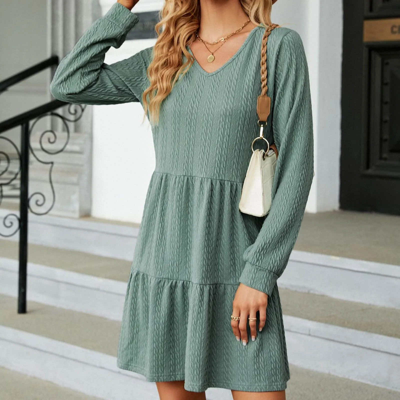 

Women Boho Mini Dresses Fall Fashion Solid V Neck Loose Dress Spring Female Long Sleeve Casual A-line Dress Vestidos