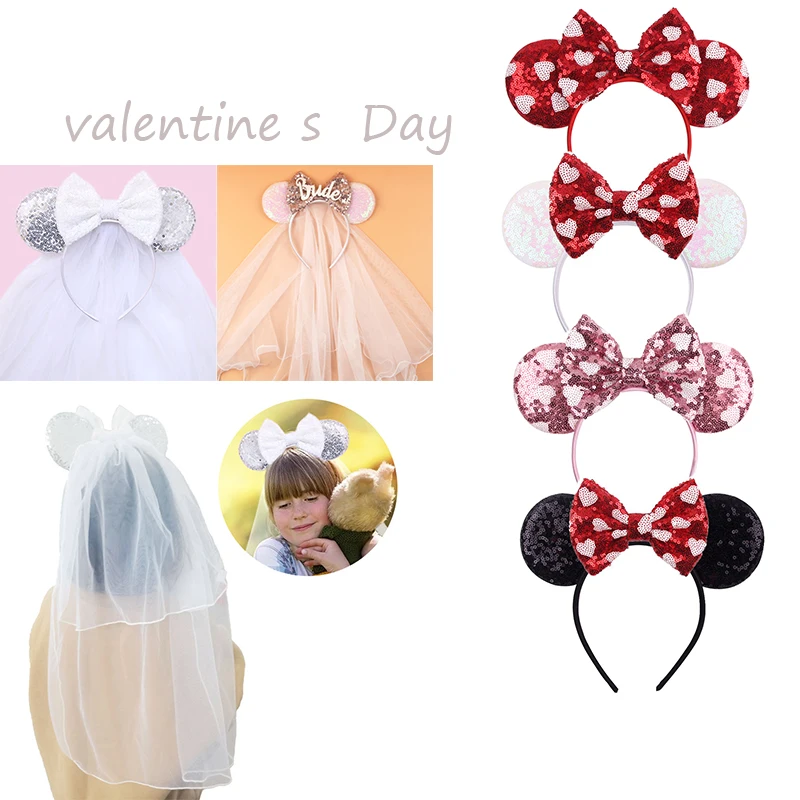 2024 Valentinstag Maus Ohren Stirnband Für Mädchen Frauen Pailletten Liebe 5 "Bogen Haarbänder Festival Party DIY Haar zubehör Femmes