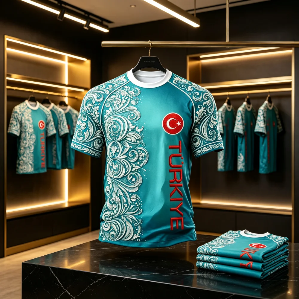2026 Türkei Fußballtrikot Rot Paisley Blumenmuster TÜRKIYE Halbmond-Stern Ärmel Türkische Sportbekleidung Schnelltrocknend Familien- und Kinder-T-Shirts
