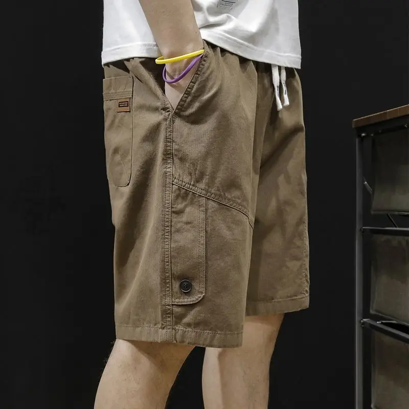 Summer New Solid Color Fashion Elastic Waist Knee Length Pants Man High Street Cotton Pocket Patchwork Button Straight Pants