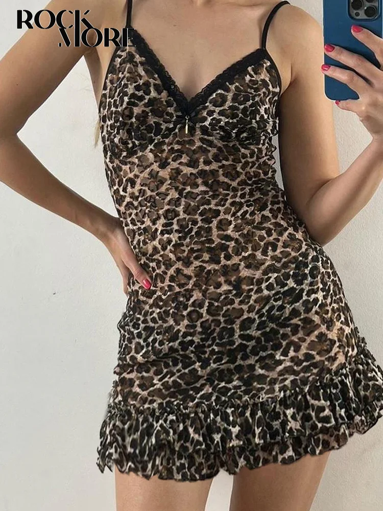 

Rockmore Leopard Print Lace V Neck Dresses for Women Sexy Party Backless Spaghetti straps Mini Dress Summer Sleeveless Clubwear