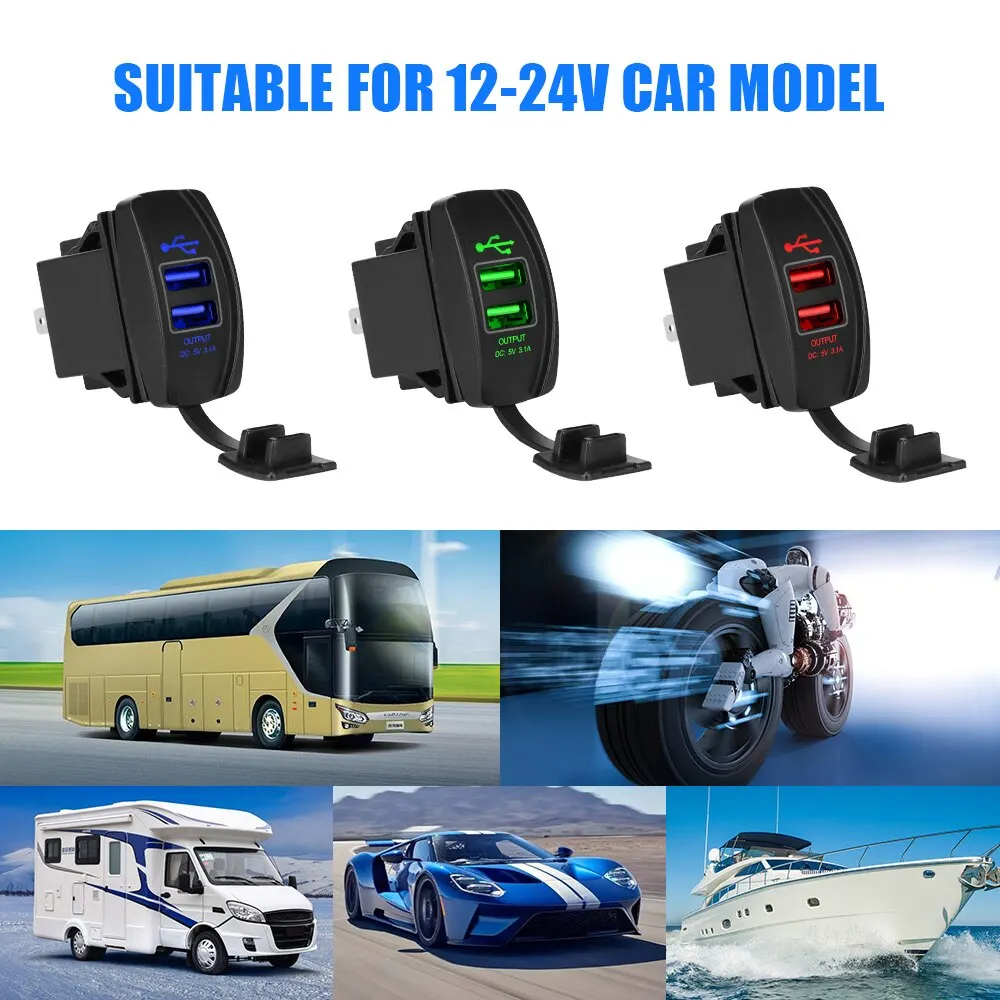 Car Charger 5V 3.1A LED Car Socket Dual USB Ports Dustproof Phone Power Adapter For Truck RV Camper Caravans