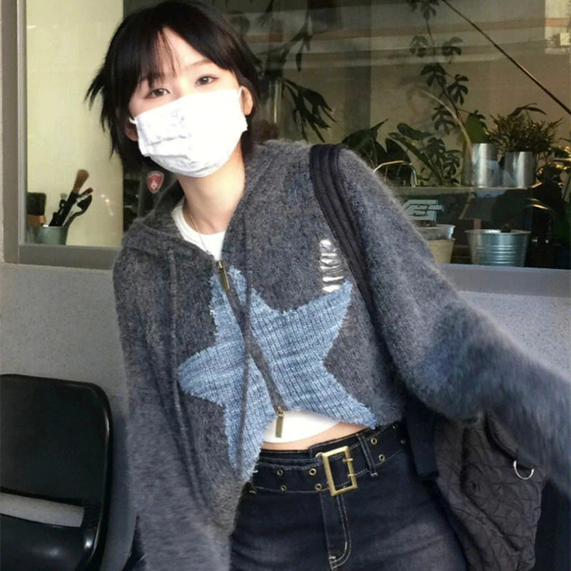 Y2K 크롭 니트 가디건 여성용 스타 프린트 후드 스웨터 재킷, 스트리트웨어 니트웨어 코트, 한국 점퍼 아우터 상의, 신상