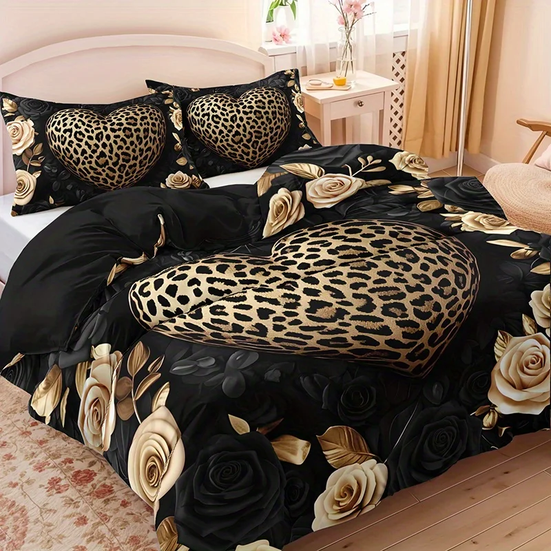 2/3Pcs Leopard Print Heart Rose Duvet Cover Set, HD Luxury Vintage Style Bedding with Pillowcases, All Season Home Dorm Decor
