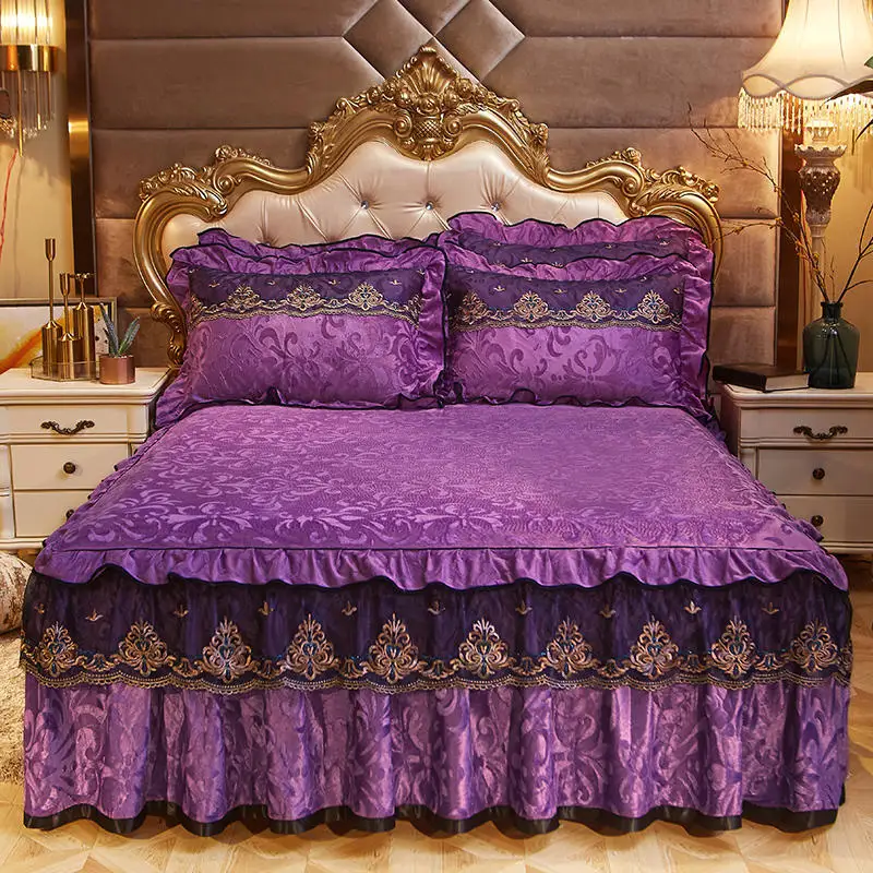 Purple Soft Warm Velvet Bedding Bed Skirt Pillowcases Solid Color