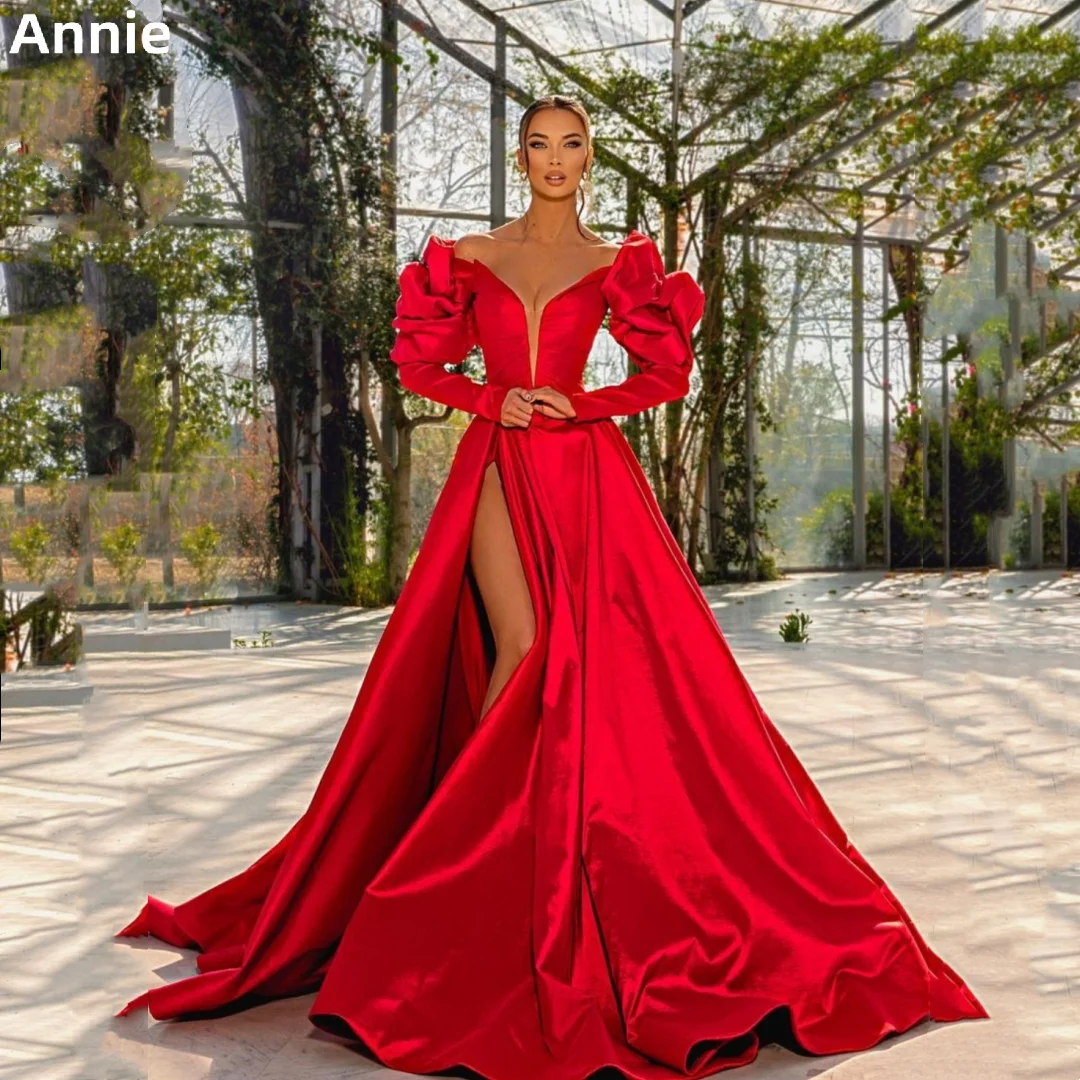 

Annie Amazing Red Prom Dresses Sexy V-neck Slit Cocktail Custom Evening Dresses Women's Long Sleeve 2023 Damen Abendkleid