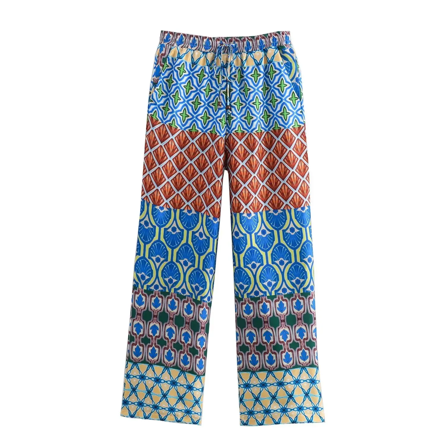 thumbnail image 1 of HH TRAF 2024 Moda Mujer Boho Estampado Manga Larga Cuello en V Pliegues Top Corto + Bolsillos Laterales Diseño Cordón Pantalones Largos Sueltos, 1 of 5