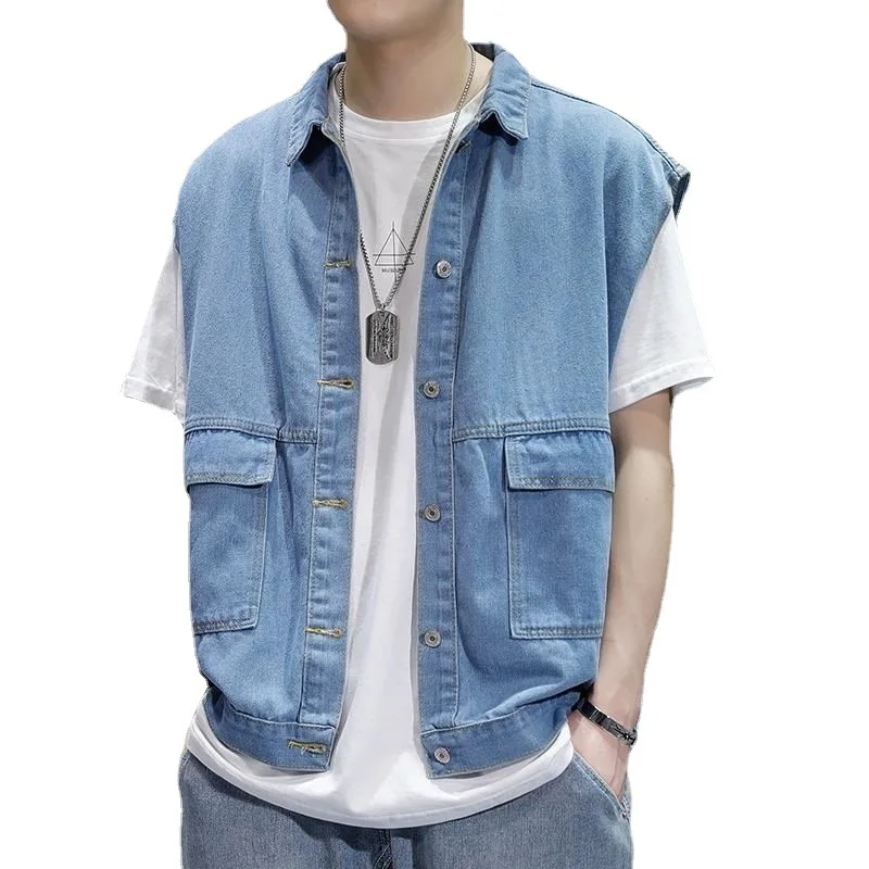

Мужской свободный и красивый джинсовый жилет, рабочая одежда в стиле ретро, Повседневная джинсовая куртка с большими карманами, 2023