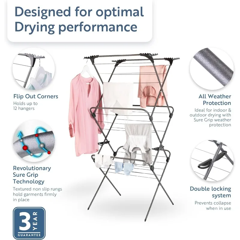 Premium SureGrip 3 Tier Indoor and Outdoor Clothes Drying Rack, Lightly Textured Non Slip Rungs, 69 Ft 2