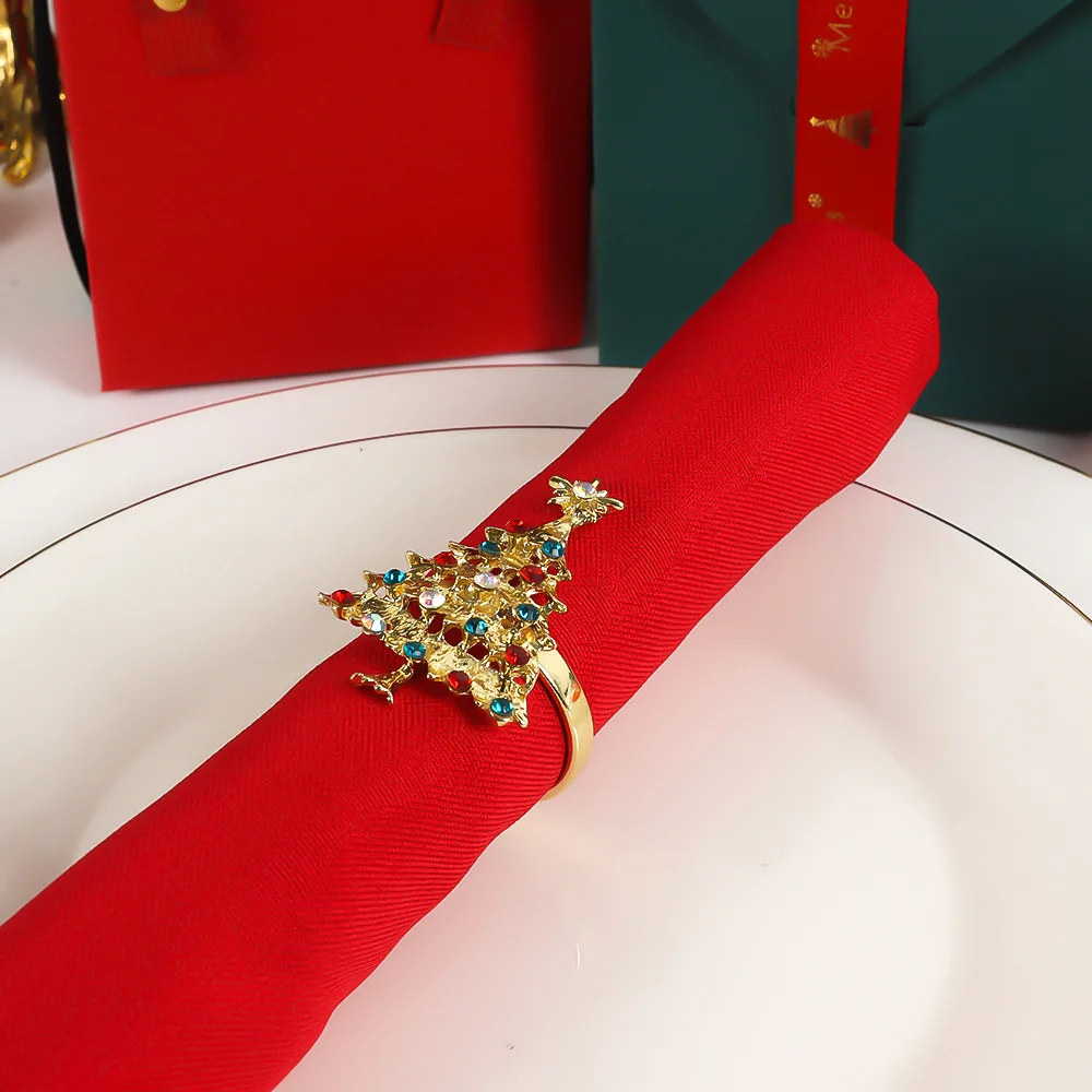 Christmas Series Alloy Napkin Buckle Color Diamond Christmas Tree Golden Napkin Ring WesternStyle Hotel Restaurant Table