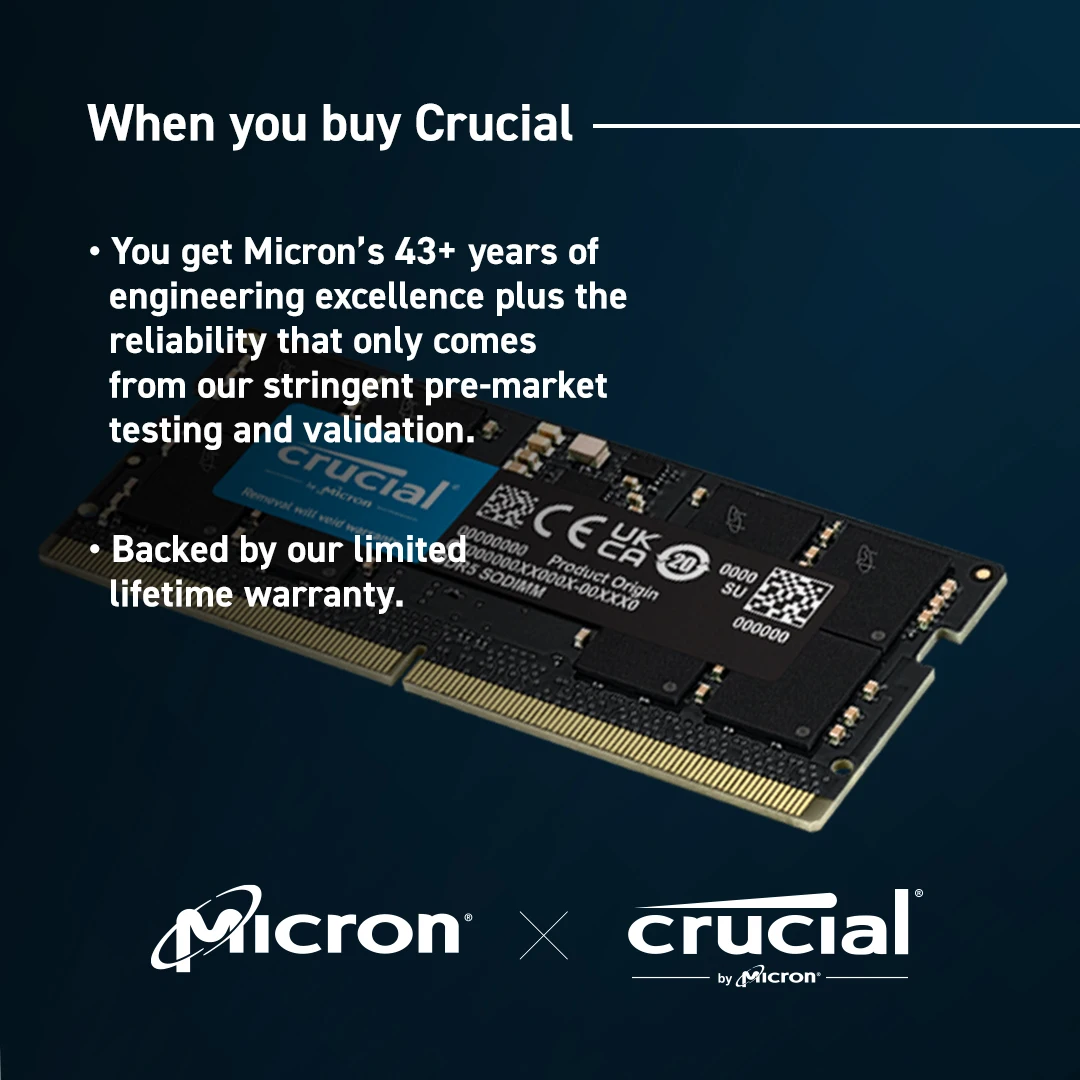 Crucial DDR5 노트북 메모리 RAM, DDR5 5600MHz SODIMM 1.1V CL46, 16GB, 24GB, 32GB, 48GB