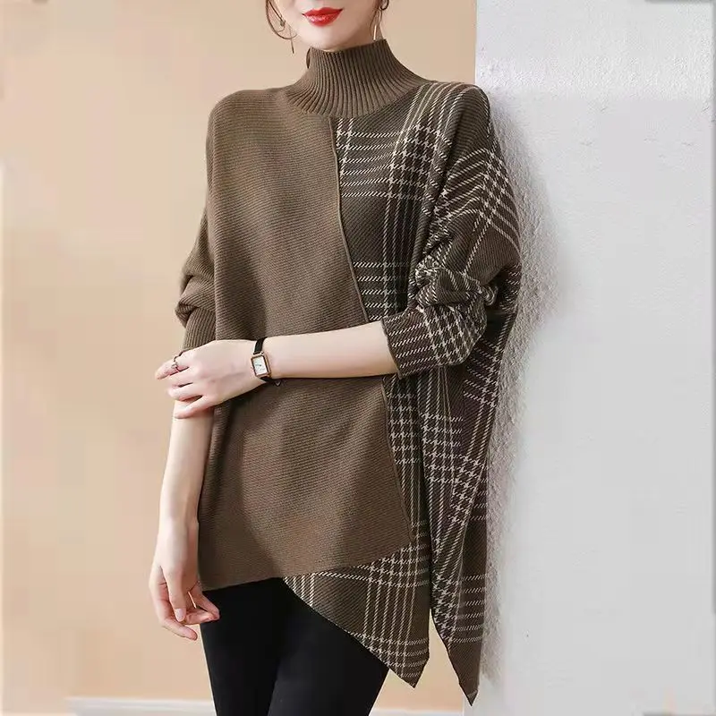 Fashion Korean Irregular Spliced Female Clothing Sweaters Spring Autumn New Casual Plaid Loose Half High Collar Knitted Jumpers