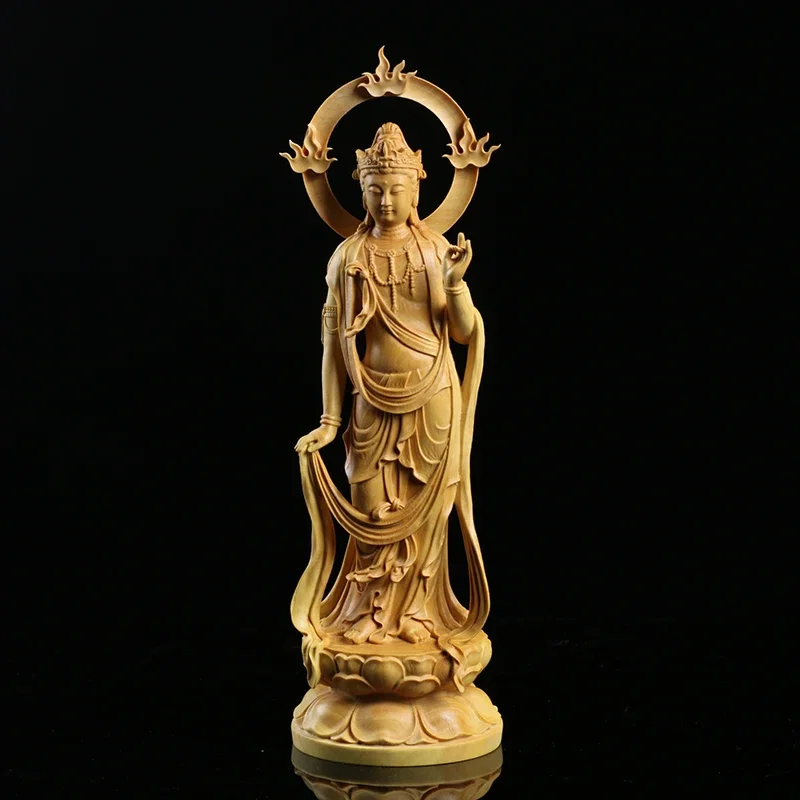 

23CM Boxwood Carving Furnishing Ornaments Wood Crafts Real Wood Buddha Statue Gifts Guanyin Sculpture