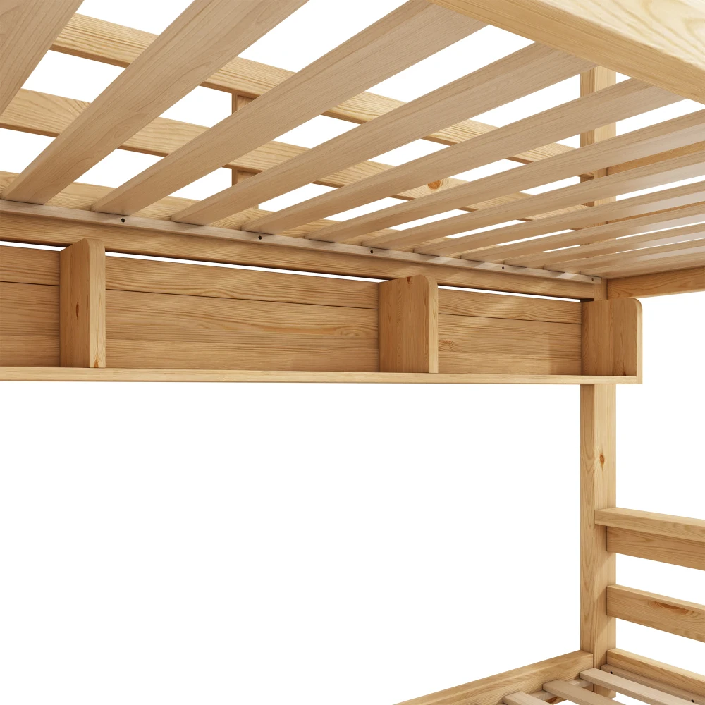 90x200/140x200cm Etagenbett Kinderhausbett Naturholz mit Treppenlagerregalen, für Kinder, Jugendliche, ohne Matratze – Detail 25