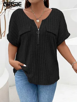 GIBSIE Plus Size Solid O-Ring Zip Front T Shirt for Women Summer 2024 O-Neck Short Sleeve Rib Knit Casual Tees Tops Female 1