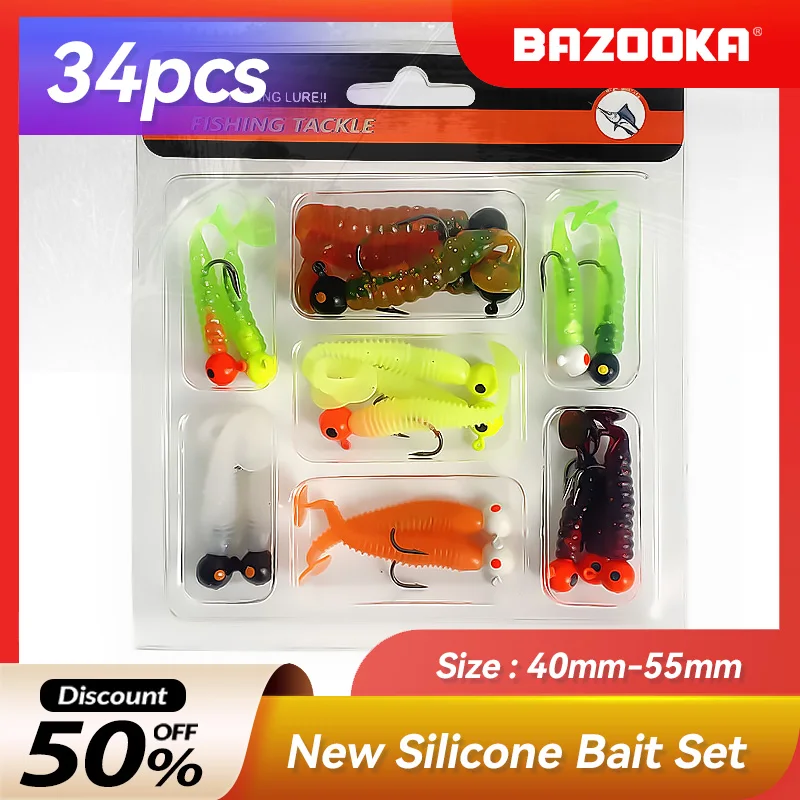 

Bazooka 32pcs Soft Lure Set Shad Silicone Loach Fishing Bait Wobblers Jighead Artificial Jigging Head Easy Shiner Winter Kit