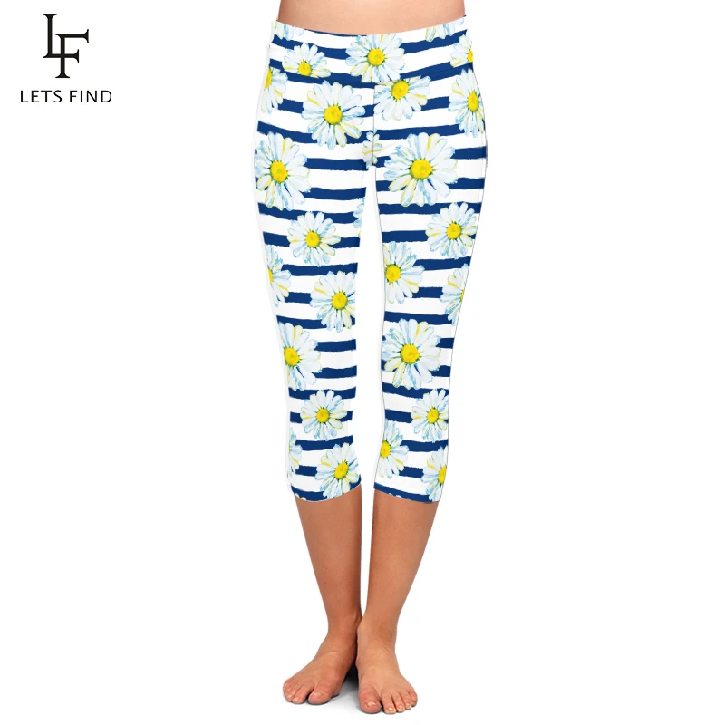 

LETSFIND Summer New Daisy Design Women Capri Leggings Fashion Casual Mid 3/4 Fitness Leggins Hot Sale