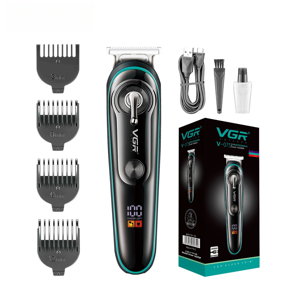 Electric Hair Clipper VGR075 Rechargeable Men Grooming Trimmer For Barber Shop White Engraved Digital Display Haircut Tool
