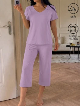 Womens Super Soft Pajama Sets Short Sleeve Top With Capri Pants Sleepwear 2 Piece Lounge Set 1