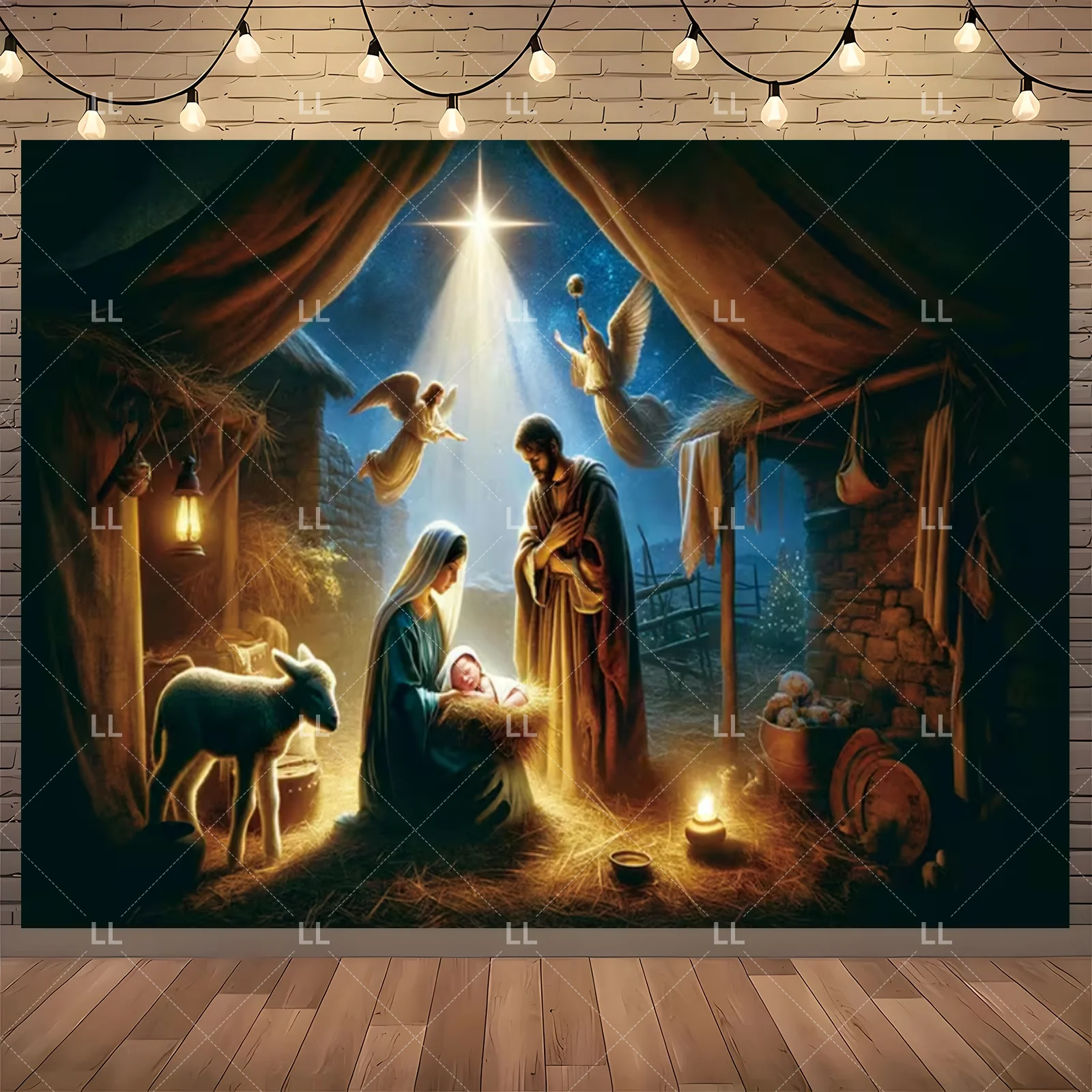 Starry Night Nativity Scene Backdrop - Traditional Christmas Party Decor and Photo Prop