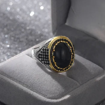 Punk Handmade Turkish Signet Rings for Men Husband Vintage Silver Color Metal Inlaid Black Stone Ring Religious Muslim Jewelry
