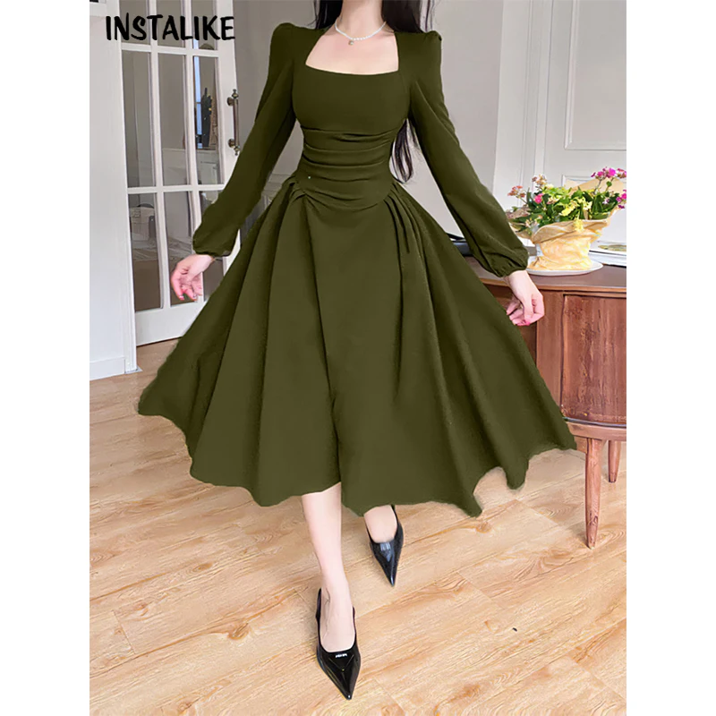 

InstaLike Folds Puff Sleeve Corsets Women Midi Dress A Line Korean Fashion Sexy Elegant Pretty Elegant Party Casual Long Robe