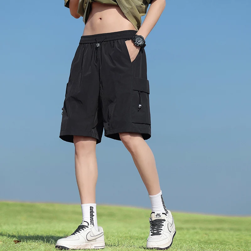 Solid Color Men's Summer Drawstring Pockets Elastic High Waisted Fashionable Clothing Sports Pants Straight Vacation Shorts