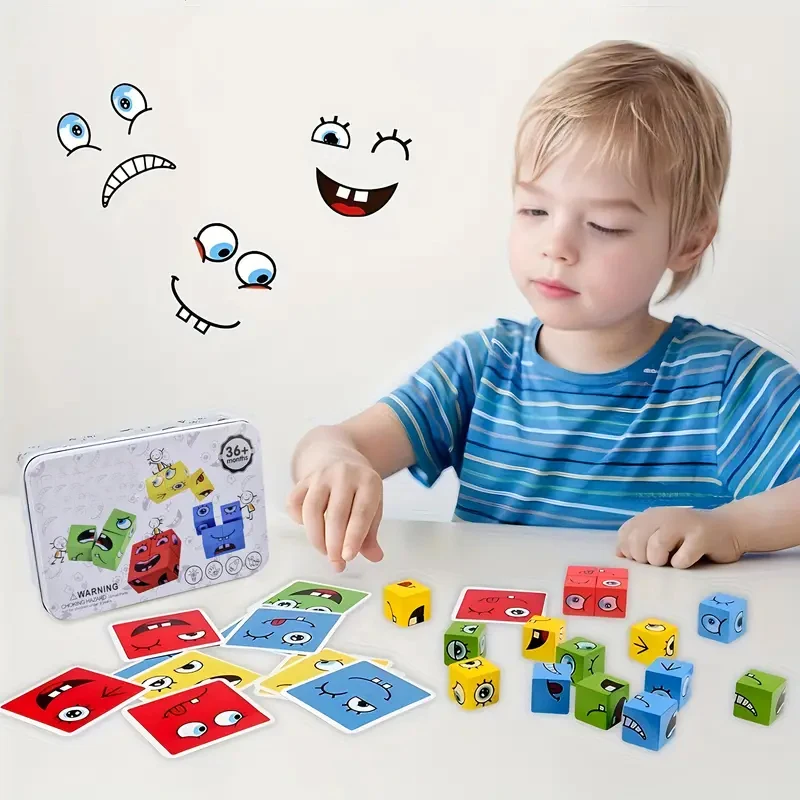Children's Wooden Four Person Battle Face Changing Facial Expressions Magic Cube Building Blocks Wooden Interactive Games 2