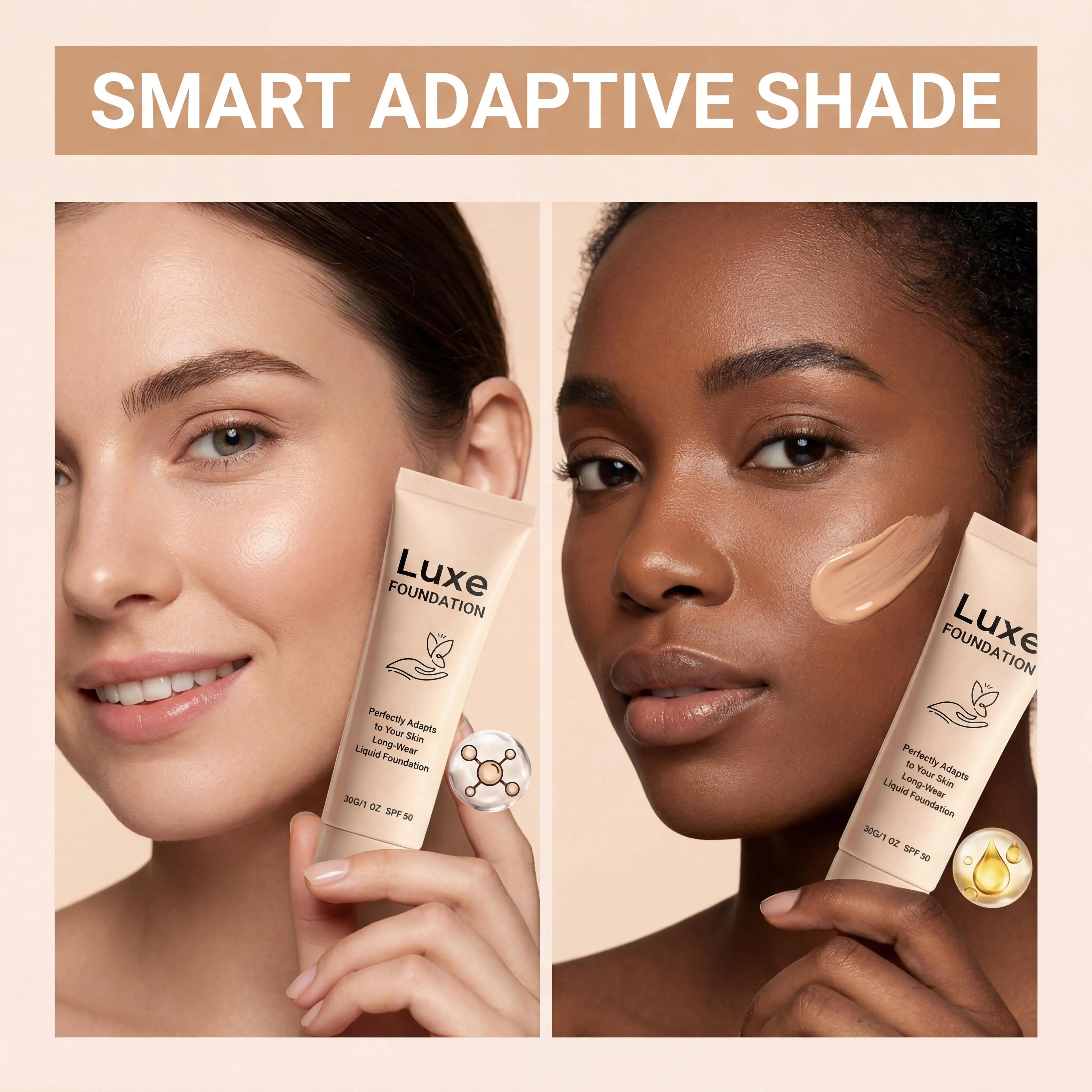 Color-Changing Foundation SPF 50 Self Adjusting Adapt Skin Tone Natural Cover Fine Flaws Long Wear Invisible Pores Makeup Base