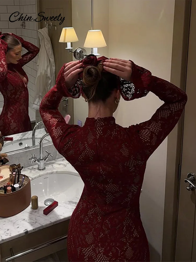 Sexy Lace Hollow Out Midi Dress For Women Turtleneck Flare Long Sleeves Slim Hip Package Dresses 2025 Summer Lady Party Vestidos 5