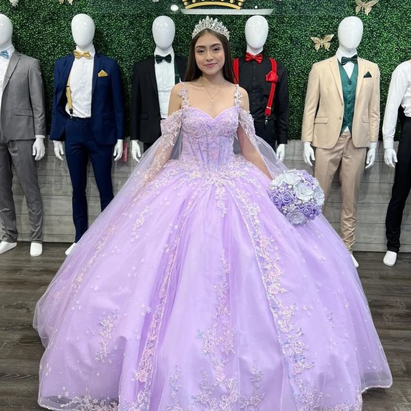 

Lavender Tulle Puffy Quinceanera Dresses Lace Up Sexy Back Robe De Soiree Beaded Applique Spaghetti Sweetheart Prom Formal Gowns