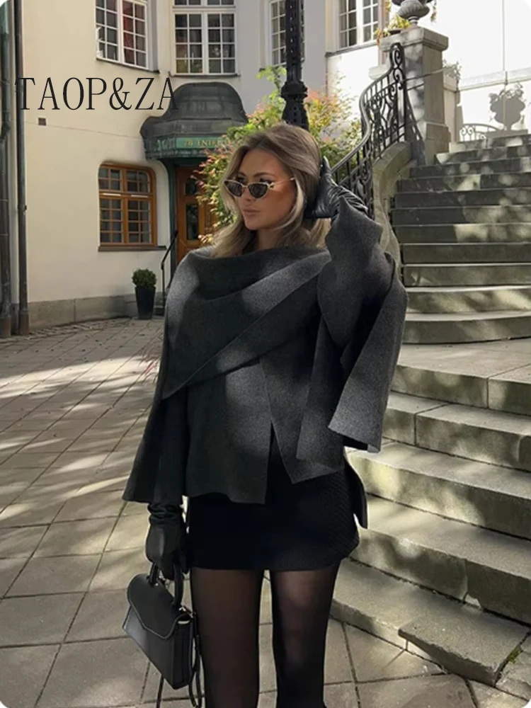 Fashion Scarf Collar Woolen Blends Jackets Women Elegant Long Sleeve Split Hem Loose Short Coats Fashion Autumn Lady Outerwear