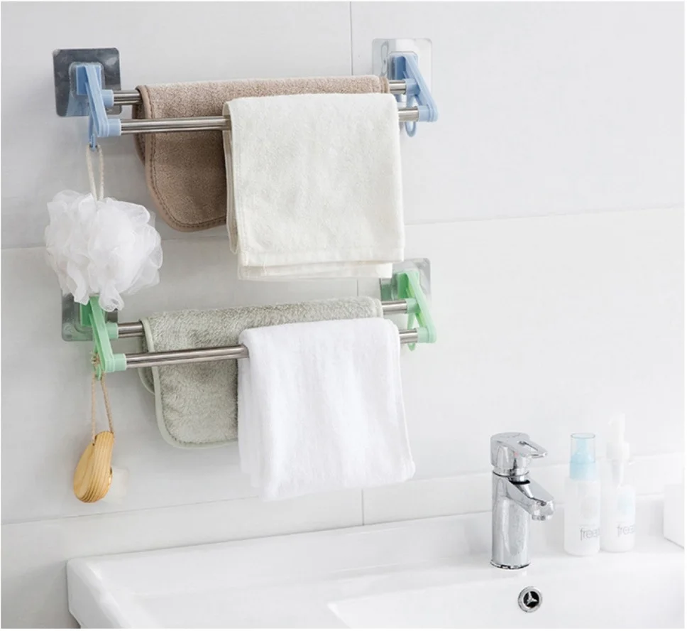 1PC Stainless Steel Double Rod Towel Bar Wall Mounted Traceless Towel Rack Bathroom Space Saving Punch-Free Storage Shelf