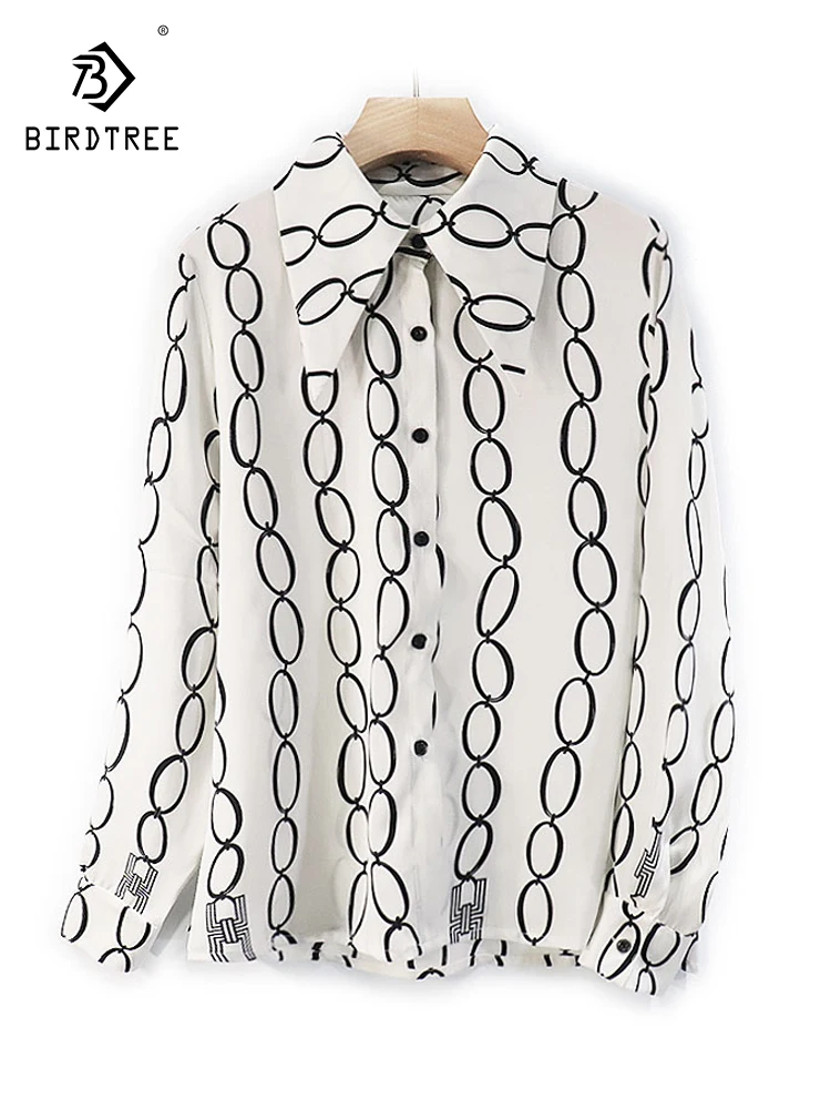 

Рубашка из натурального шелка с круглым вырезом и принтом «птичка», свободные топы с длинными рукавами, 2023, женские модные блузки, новинка, осень-весна, T36052QC