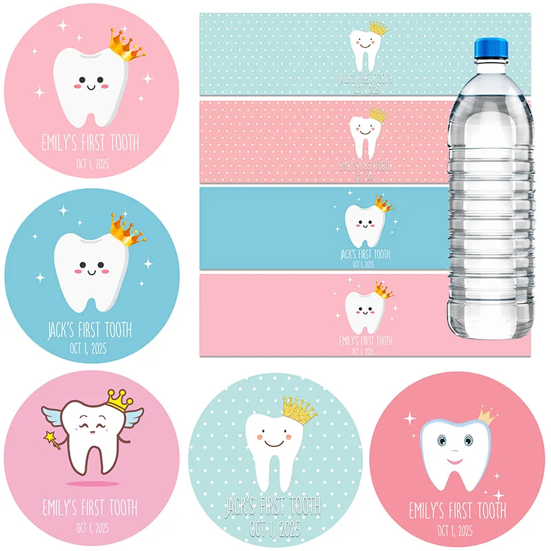 Custom Name Baby Girl Boy First Tooth Party Decor Label Stickers Water ...