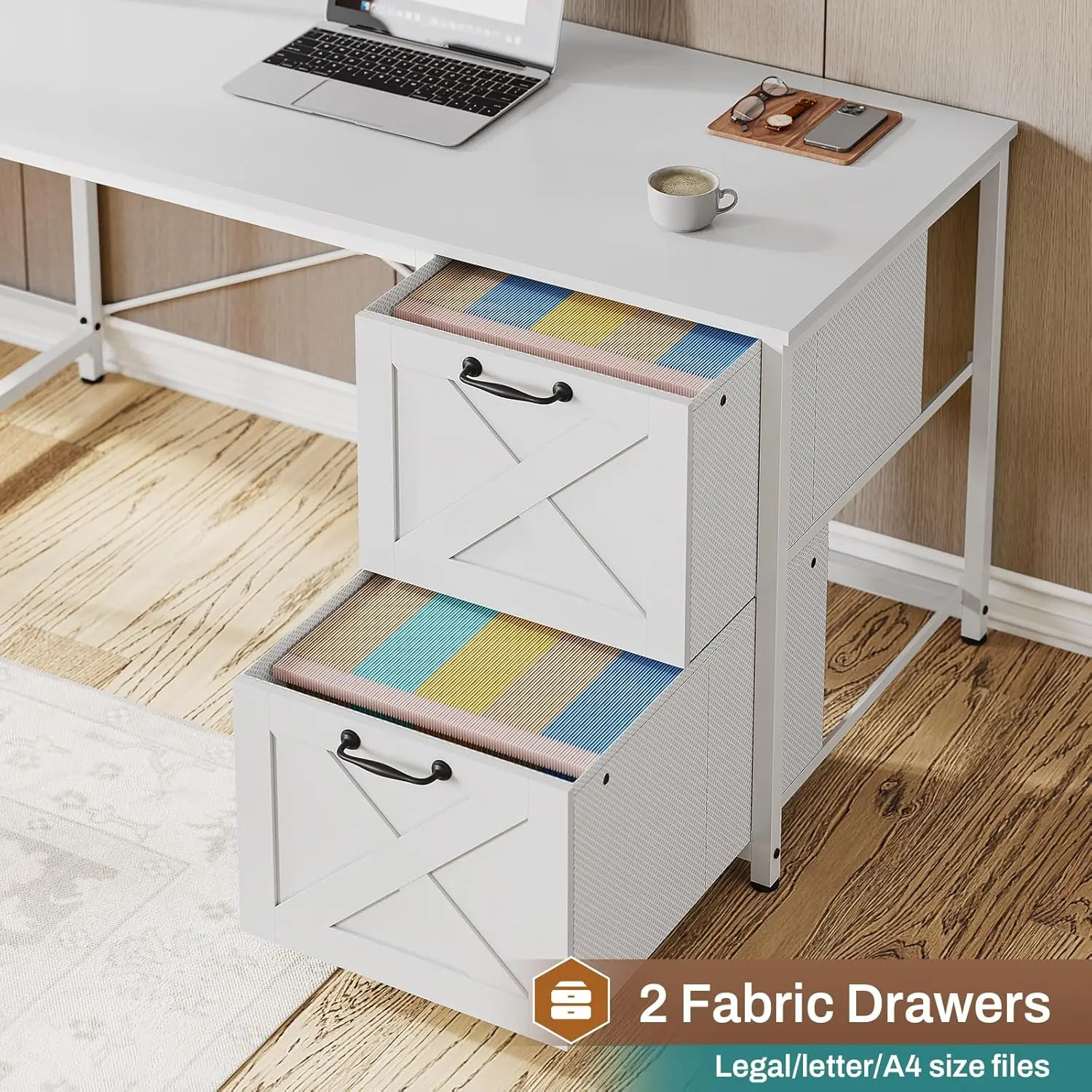 White L Shaped Office Desk, Farmhouse Home Office Desk with Fabric File Drawers and Power Outlet, Corner Gaming Desk with LED 6