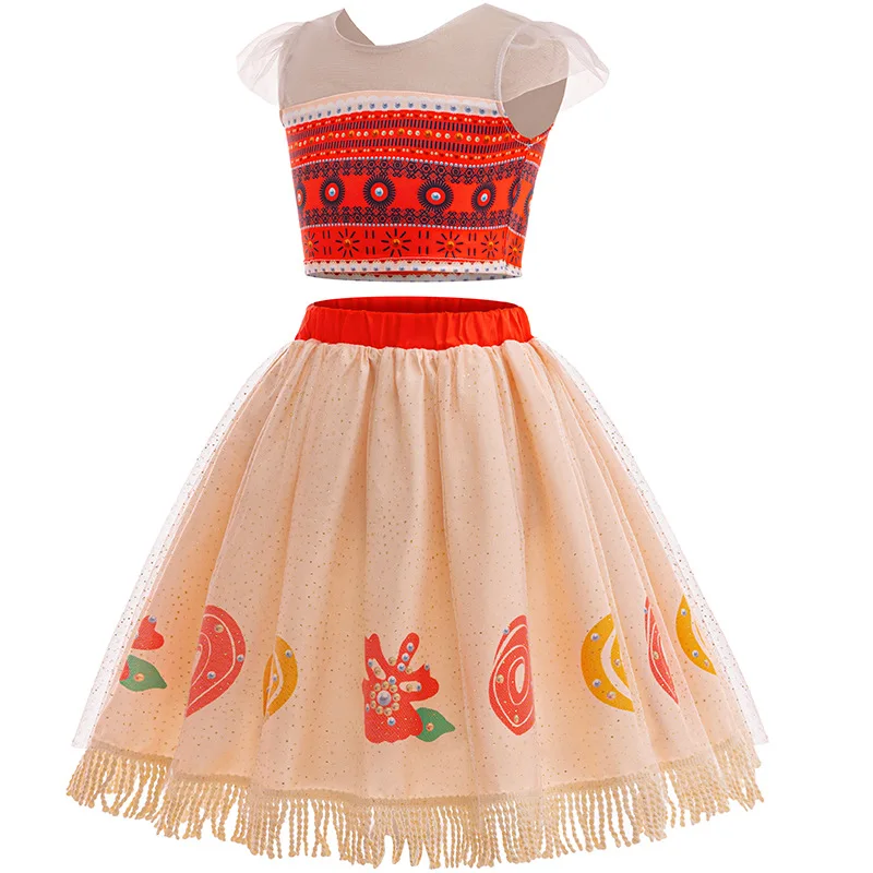 Movie Mona Dress for Kids Girls Princess Viana Cosplay Children Birthday Party Halloween Necklace Pet Pig Chicken Set Full Print