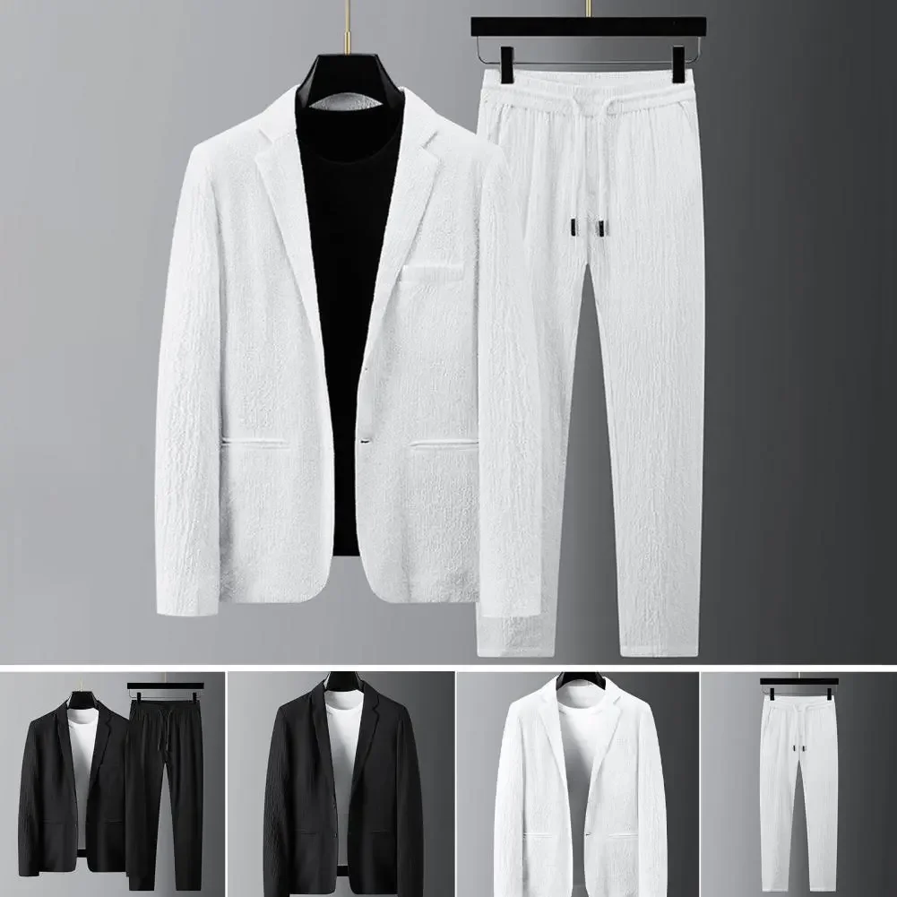 

New Men's Striped Pleated Suit Jacket And Loose Pants Set With Pockets